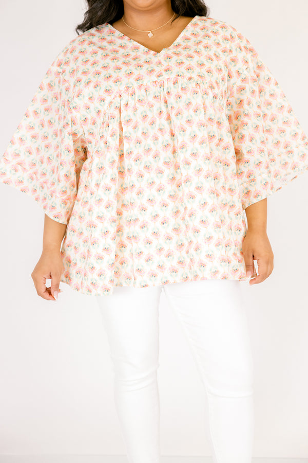 Chic Soul plus size clothing, pink and white floral print long puff sleeve babydoll top