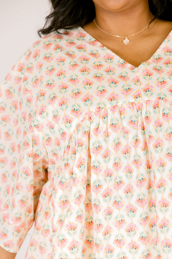 Chic Soul plus size clothing, pink and white floral print long puff sleeve babydoll top