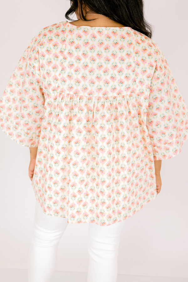 Chic Soul plus size clothing, pink and white floral print long puff sleeve babydoll top