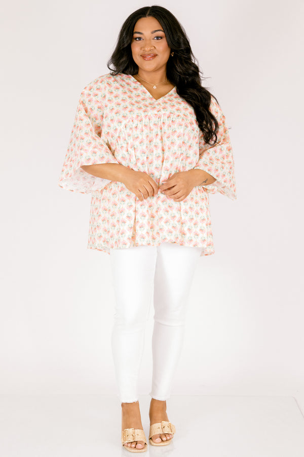 Chic Soul plus size clothing, pink and white floral print long puff sleeve babydoll top