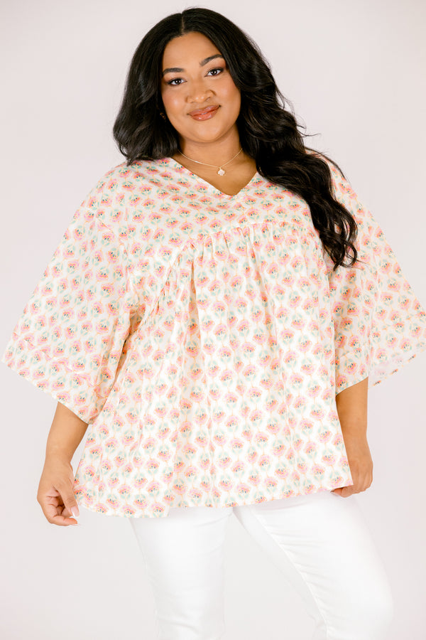 Chic Soul plus size clothing, pink and white floral print long puff sleeve babydoll top