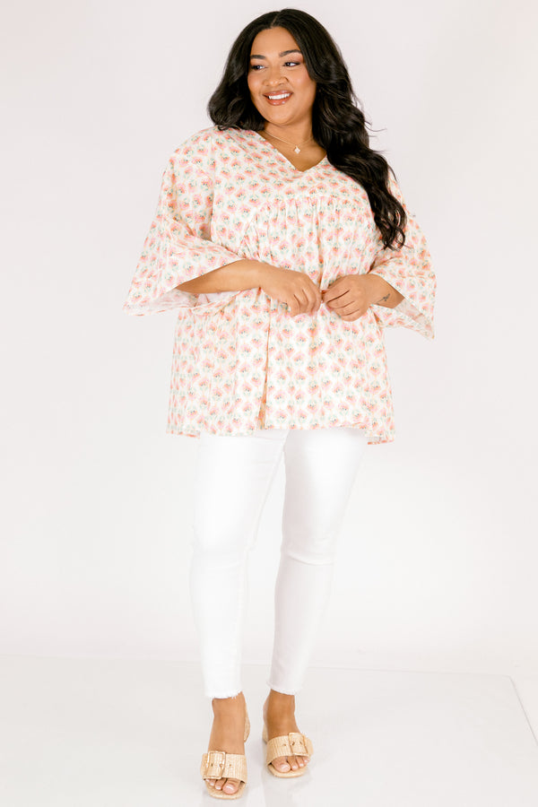 Chic Soul plus size clothing, pink and white floral print long puff sleeve babydoll top