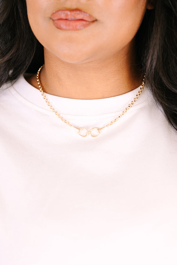 Chic Soul plus size clothing, gold chain necklace with two buckles connected to one another on the center of the necklace 
