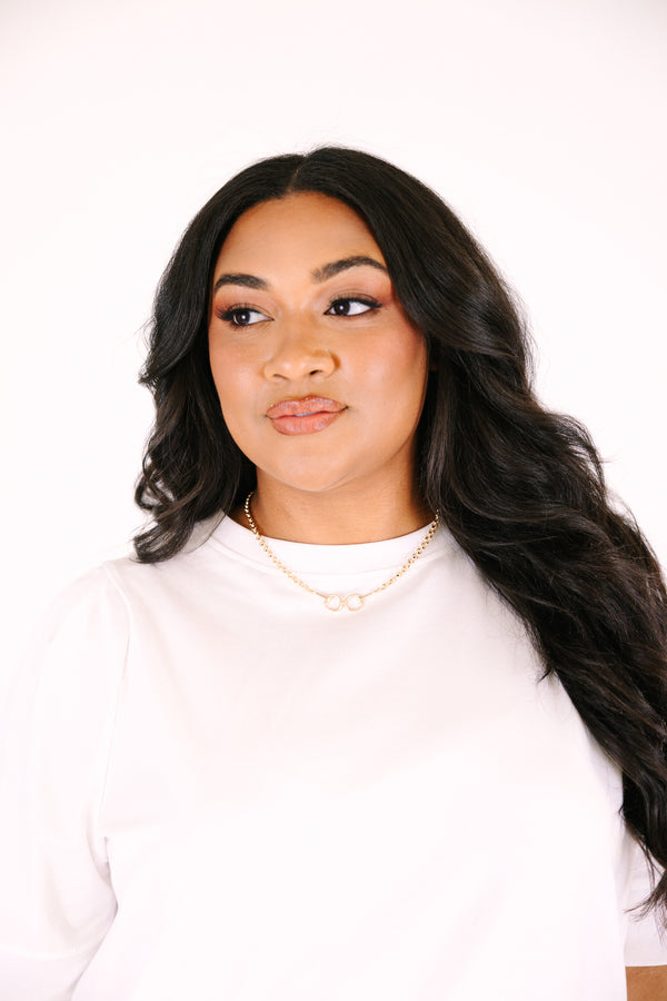 Chic Soul plus size clothing, gold chain necklace with two buckles connected to one another on the center of the necklace 
