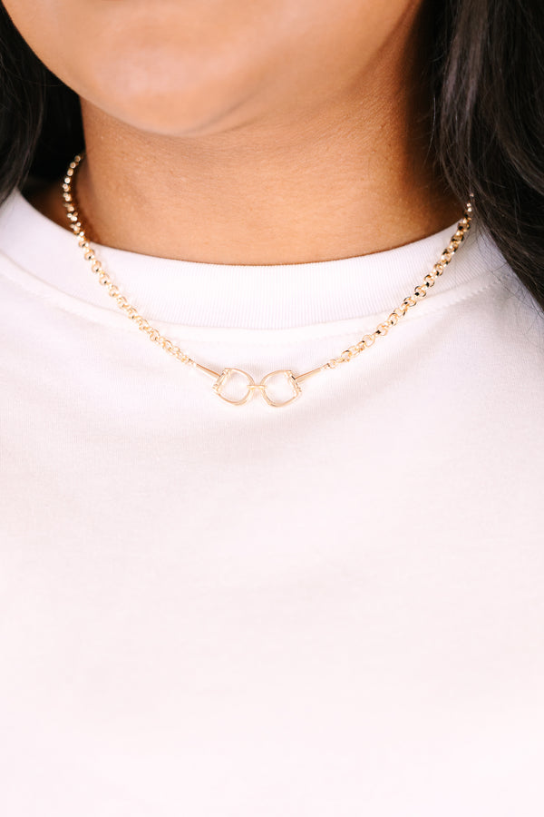 Chic Soul plus size clothing, gold chain necklace with two buckles connected to one another on the center of the necklace 
