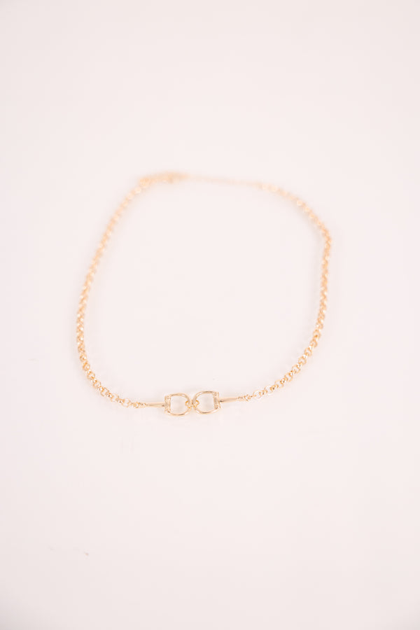 Chic Soul plus size clothing, gold chain necklace with two buckles connected to one another on the center of the necklace 
