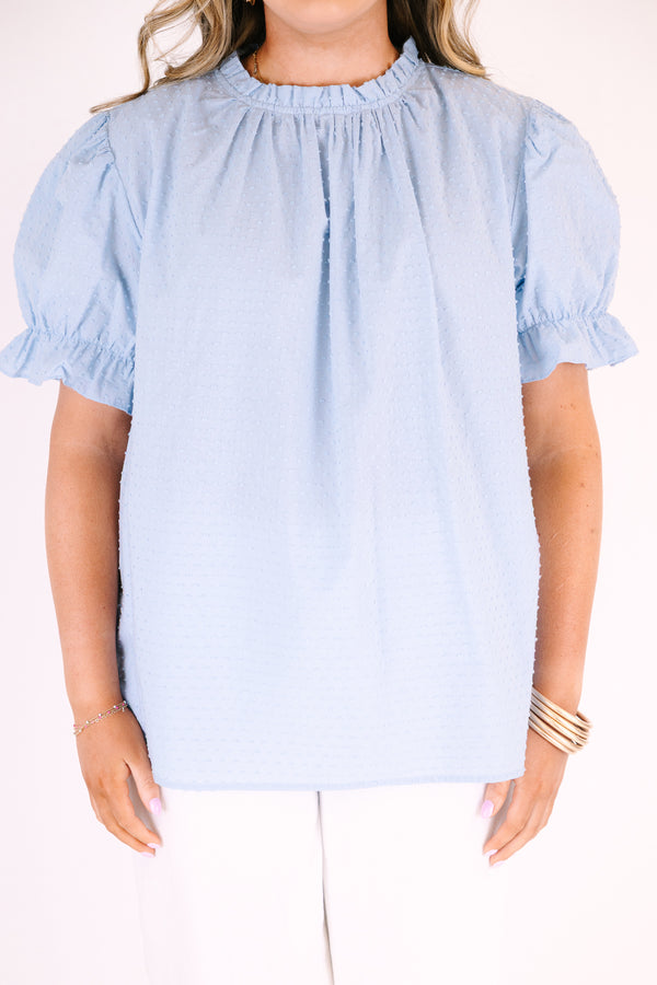 Chic Soul plus size clothing, puff sleeve high neck blue top with ruffle details around neckline and sleeves