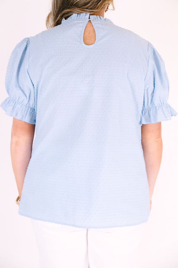 Chic Soul plus size clothing, puff sleeve high neck blue top with ruffle details around neckline and sleeves