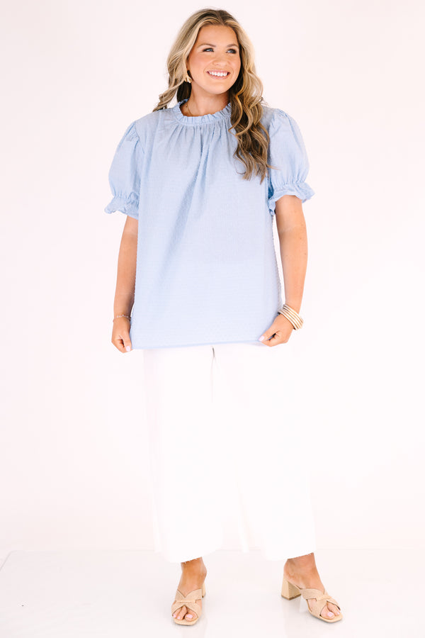 Chic Soul plus size clothing, puff sleeve high neck blue top with ruffle details around neckline and sleeves