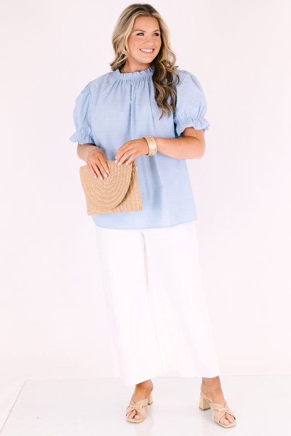 Chic Soul plus size clothing, puff sleeve high neck blue top with ruffle details around neckline and sleeves