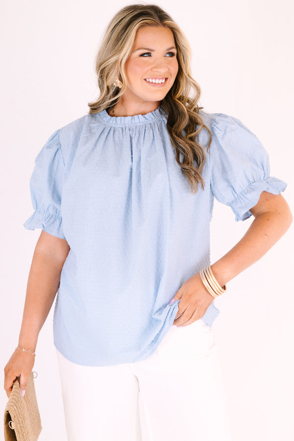 Chic Soul plus size clothing, puff sleeve high neck blue top with ruffle details around neckline and sleeves