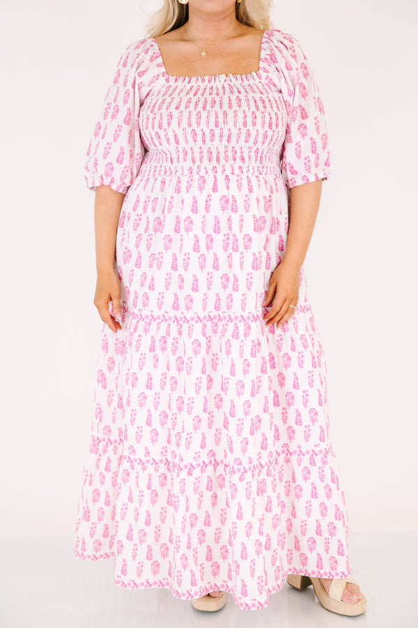 Chic Soul plus size clothing, white tiered maxi dress with a smocked texture on the bust and a square neckline as well as half bubble sleeves and a pink floral block pattern throughout