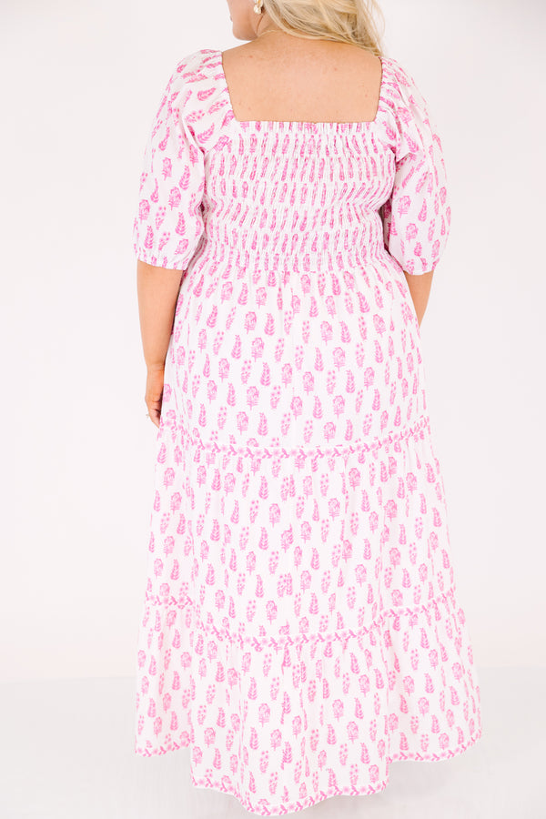 Chic Soul plus size clothing, white tiered maxi dress with a smocked texture on the bust and a square neckline as well as half bubble sleeves and a pink floral block pattern throughout