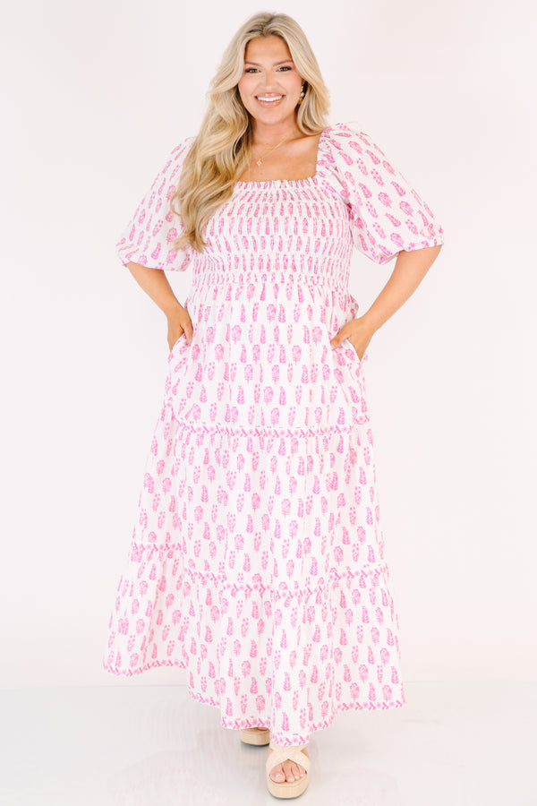 Chic Soul plus size clothing, white tiered maxi dress with a smocked texture on the bust and a square neckline as well as half bubble sleeves and a pink floral block pattern throughout