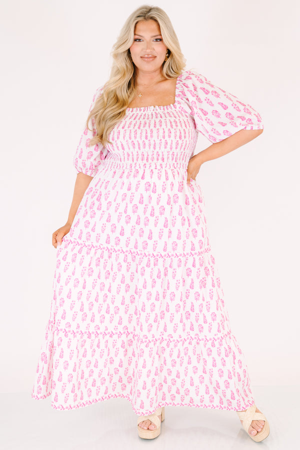 Chic Soul plus size clothing, white tiered maxi dress with a smocked texture on the bust and a square neckline as well as half bubble sleeves and a pink floral block pattern throughout