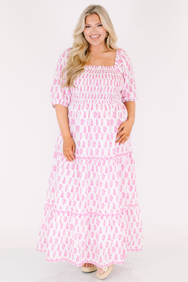 Chic Soul plus size clothing, white tiered maxi dress with a smocked texture on the bust and a square neckline as well as half bubble sleeves and a pink floral block pattern throughout