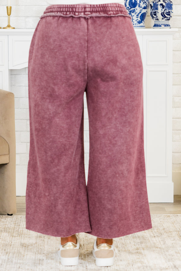 Chic Soul plus size clothing, eggplant purple washed cropped wide leg sweatpants with drawstring waist tie detail with side pockets 