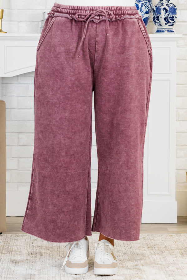 Chic Soul plus size clothing, eggplant purple washed cropped wide leg sweatpants with drawstring waist tie detail with side pockets 
