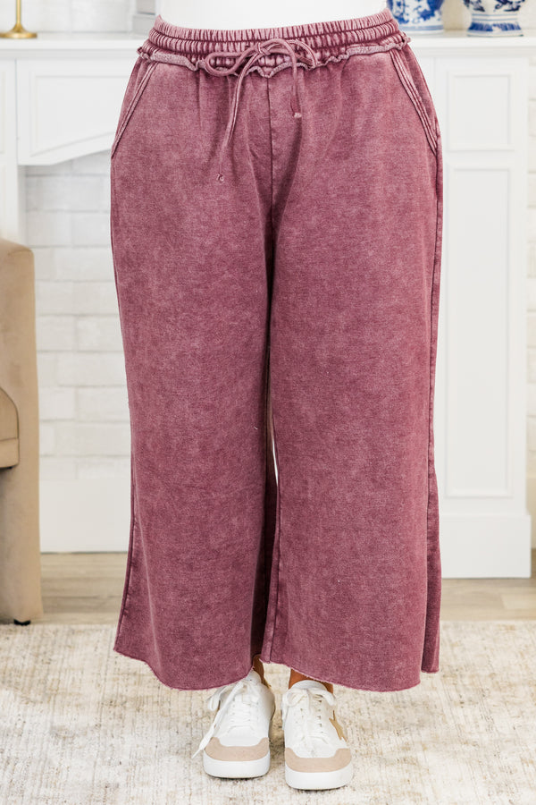 Chic Soul plus size clothing, eggplant purple washed cropped wide leg sweatpants with drawstring waist tie detail with side pockets 