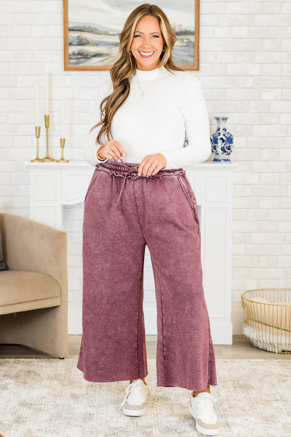 Chic Soul plus size clothing, eggplant purple washed cropped wide leg sweatpants with drawstring waist tie detail with side pockets 