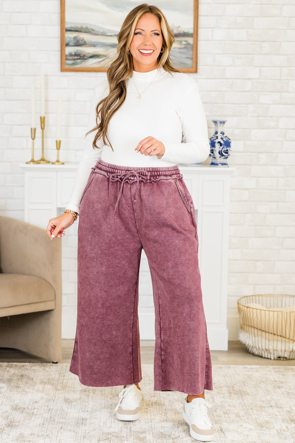 Chic Soul plus size clothing, eggplant purple washed cropped wide leg sweatpants with drawstring waist tie detail with side pockets 