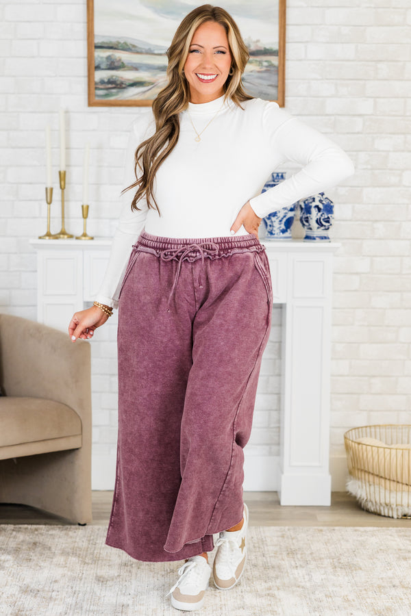 Chic Soul plus size clothing, eggplant purple washed cropped wide leg sweatpants with drawstring waist tie detail with side pockets 
