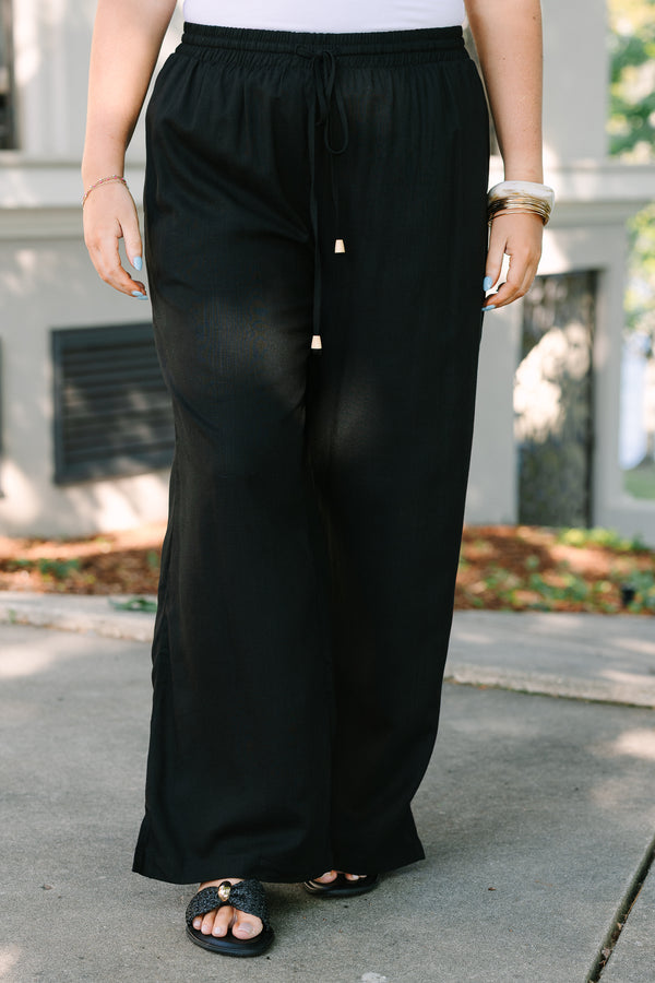 Chic Soul Plus Size Clothing, black pair of linen pants with a drawstring detail at front featuring small wooden beads at the end of the drawstrings