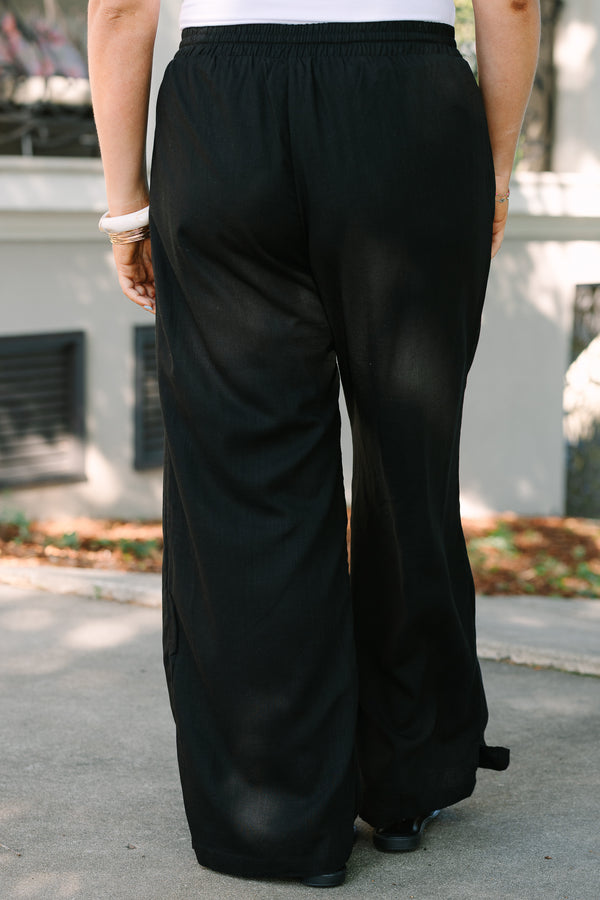 Chic Soul Plus Size Clothing, black pair of linen pants with a drawstring detail at front featuring small wooden beads at the end of the drawstrings