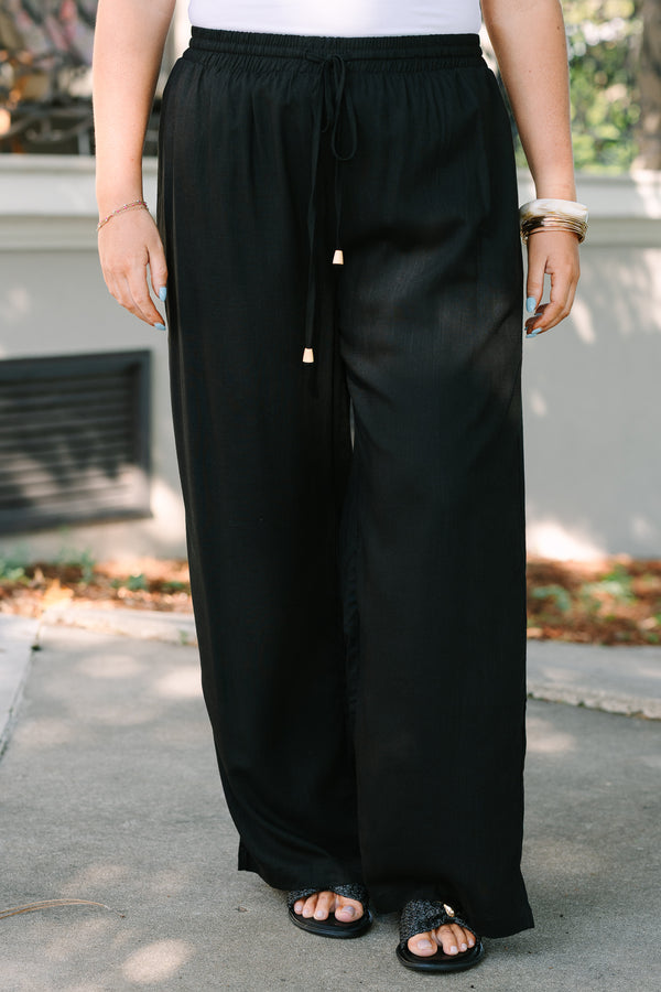 Chic Soul Plus Size Clothing, black pair of linen pants with a drawstring detail at front featuring small wooden beads at the end of the drawstrings