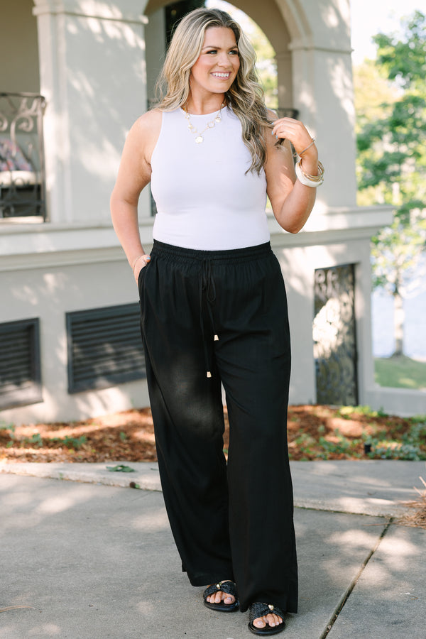 Chic Soul Plus Size Clothing, black pair of linen pants with a drawstring detail at front featuring small wooden beads at the end of the drawstrings