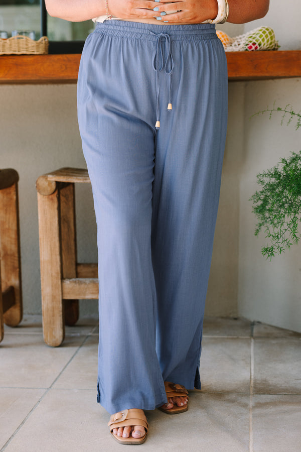 Chic Soul Plus Size Clothing, a light navy colored pair of linen pants with a drawstring detail at front featuring small wooden beads at the end of the drawstrings