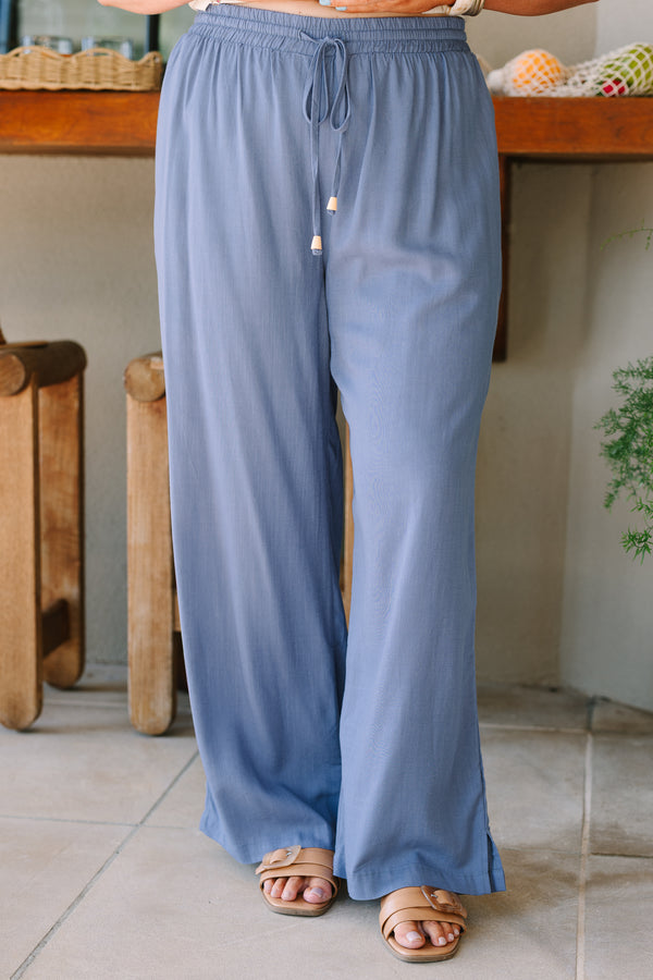 Chic Soul Plus Size Clothing, a light navy colored pair of linen pants with a drawstring detail at front featuring small wooden beads at the end of the drawstrings