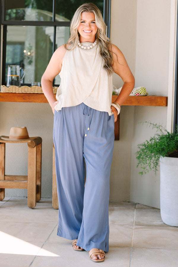Chic Soul Plus Size Clothing, a light navy colored pair of linen pants with a drawstring detail at front featuring small wooden beads at the end of the drawstrings