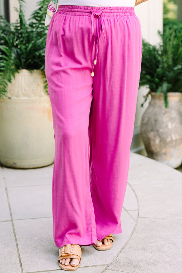 Chic Soul Plus Size Clothing, a bright pink colored pair of linen pants with a drawstring detail at front featuring small wooden beads at the end of the drawstrings