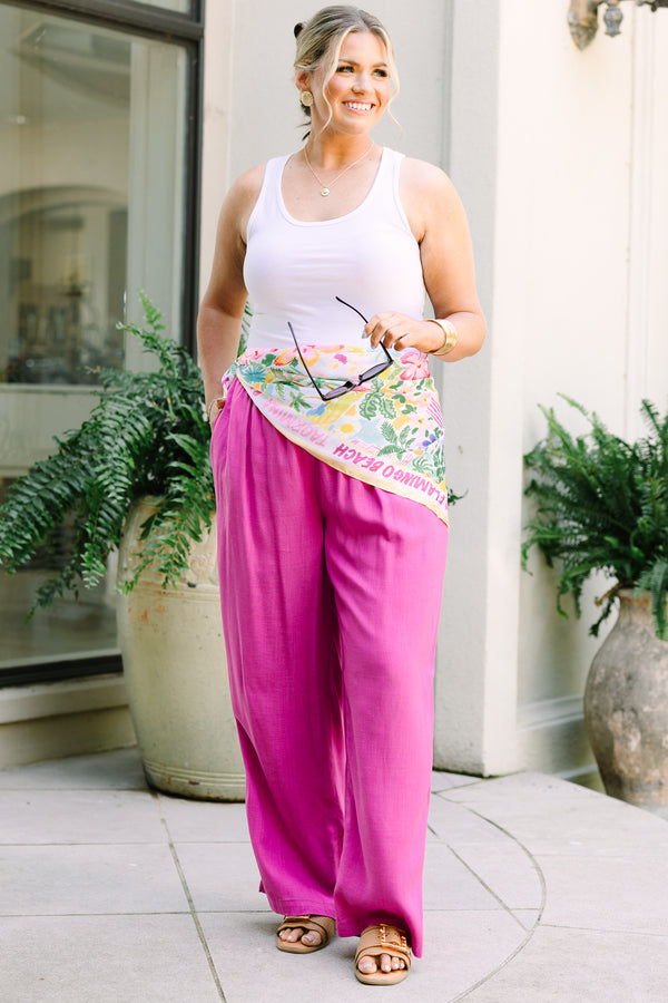 Chic Soul Plus Size Clothing, a bright pink colored pair of linen pants with a drawstring detail at front featuring small wooden beads at the end of the drawstrings