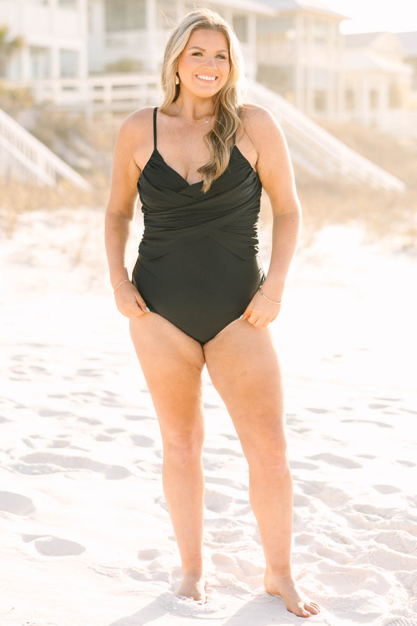 Chic Soul plus size clothing, black sleeveless one piece swimsuit with crisscross band around the top of the swimsuit