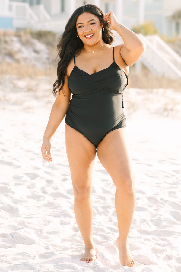 Chic Soul plus size clothing, black sleeveless one piece swimsuit with crisscross band around the top of the swimsuit