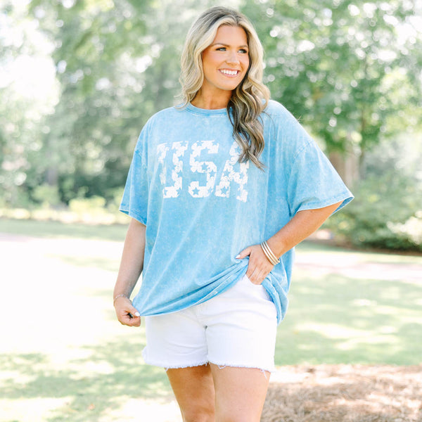 Vintage USA Acid Wash Relaxed Tee, Deep Sky
