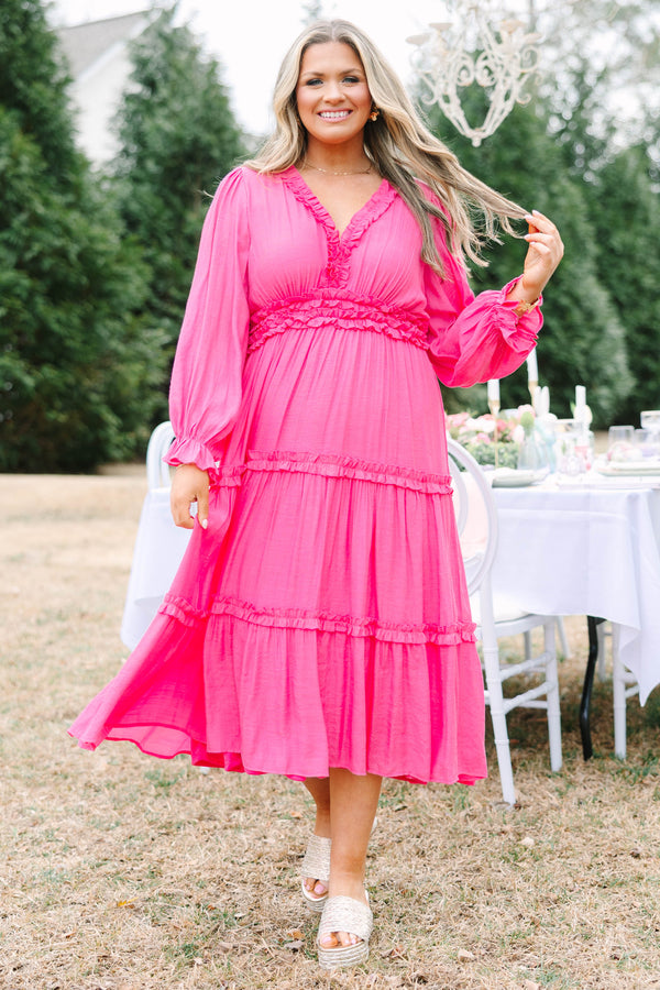 Chic Soul plus size clothing, hot pink long sleeve midi dress with tiered skirt and ruffles along the v-neckline and waistline