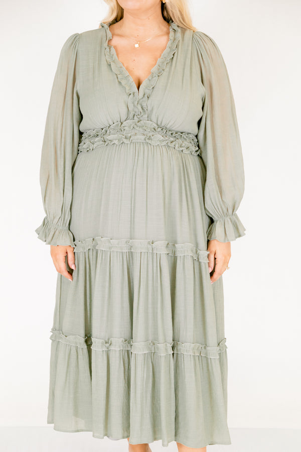 Chic Soul plus size clothing, light sage green long sleeve tiered maxi dress with ruffles around the chest and tiers 