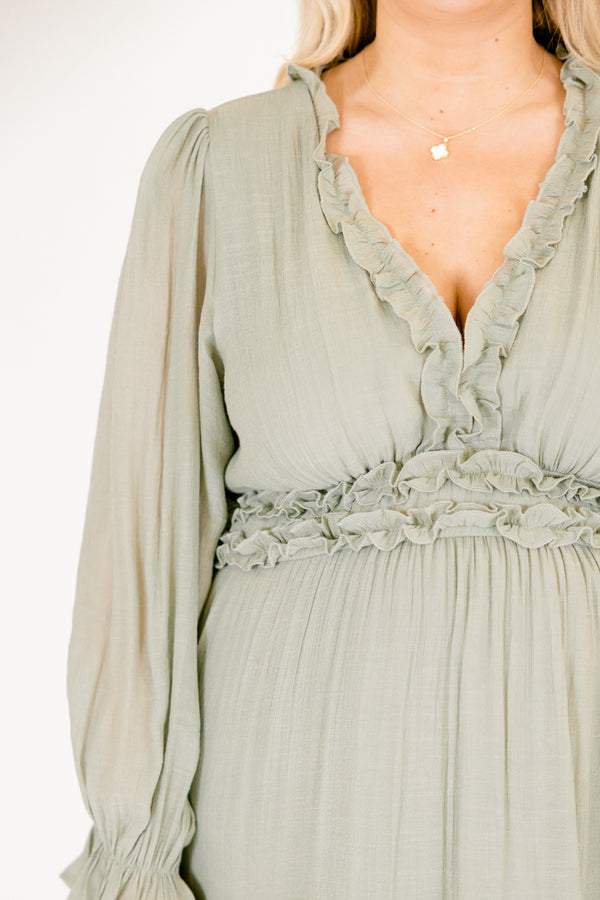 Chic Soul plus size clothing, light sage green long sleeve tiered maxi dress with ruffles around the chest and tiers 