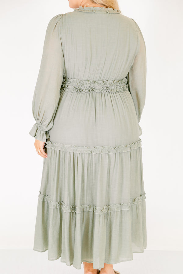 Chic Soul plus size clothing, light sage green long sleeve tiered maxi dress with ruffles around the chest and tiers 