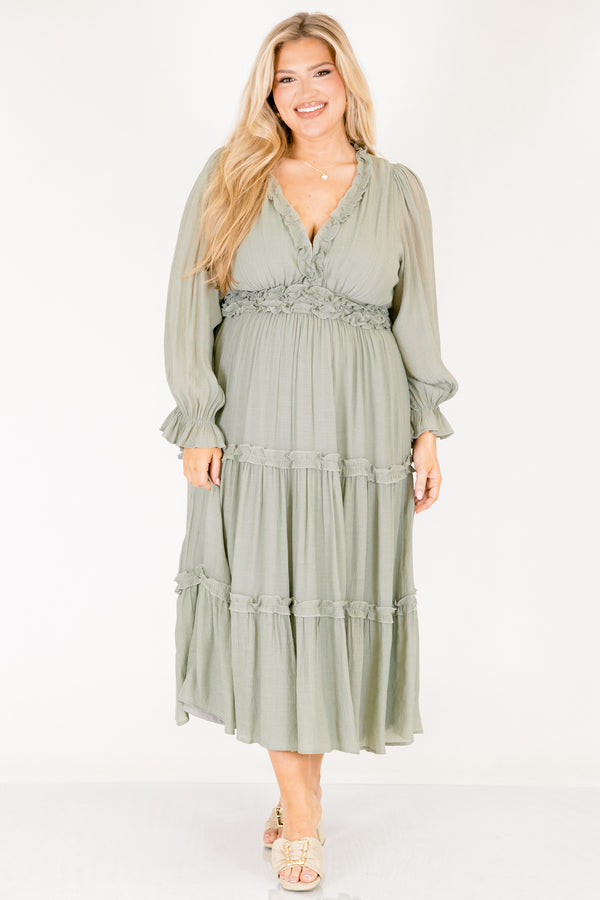 Chic Soul plus size clothing, light sage green long sleeve tiered maxi dress with ruffles around the chest and tiers 