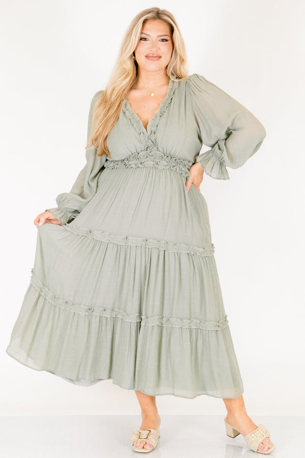 Chic Soul plus size clothing, light sage green long sleeve tiered maxi dress with ruffles around the chest and tiers 