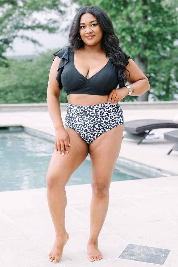 Plus Size black bikini top with a V-neckline and ruffled cap sleeves.