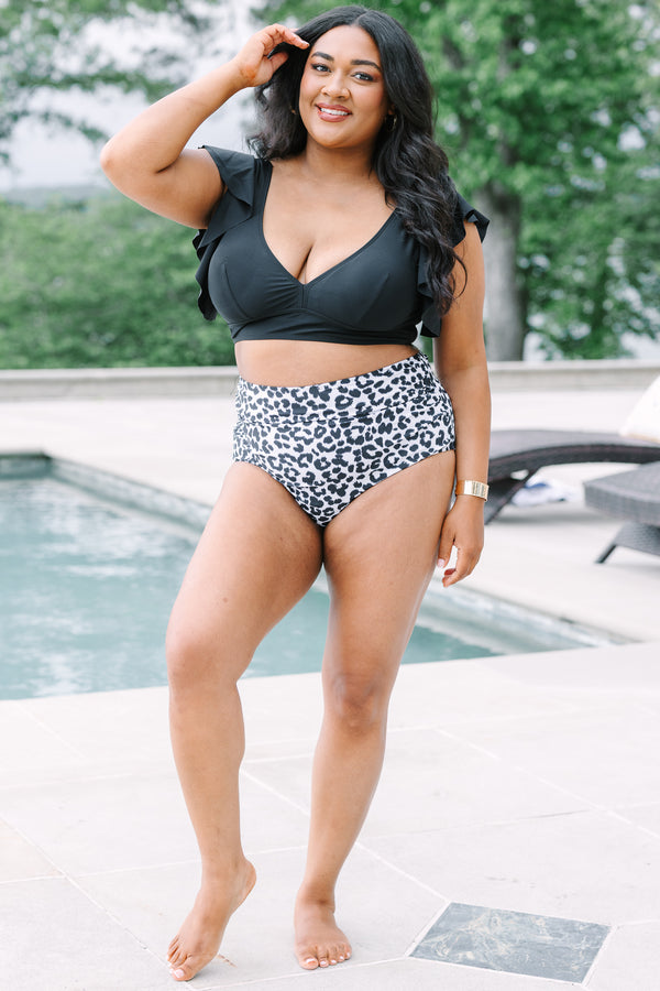 Plus Size high-waisted swim bottoms in a black and white leopard print.