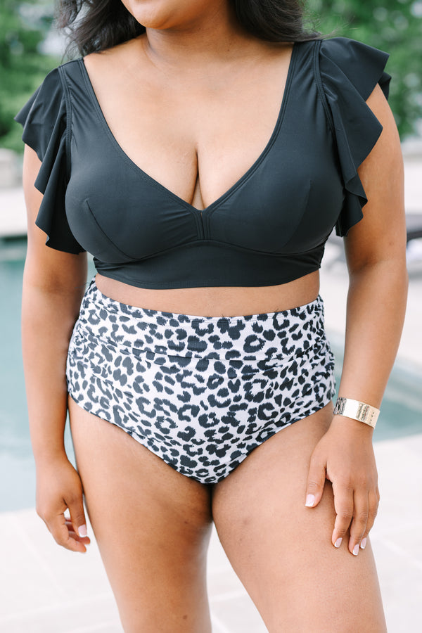 Plus Size black bikini top with a V-neckline and ruffled cap sleeves.