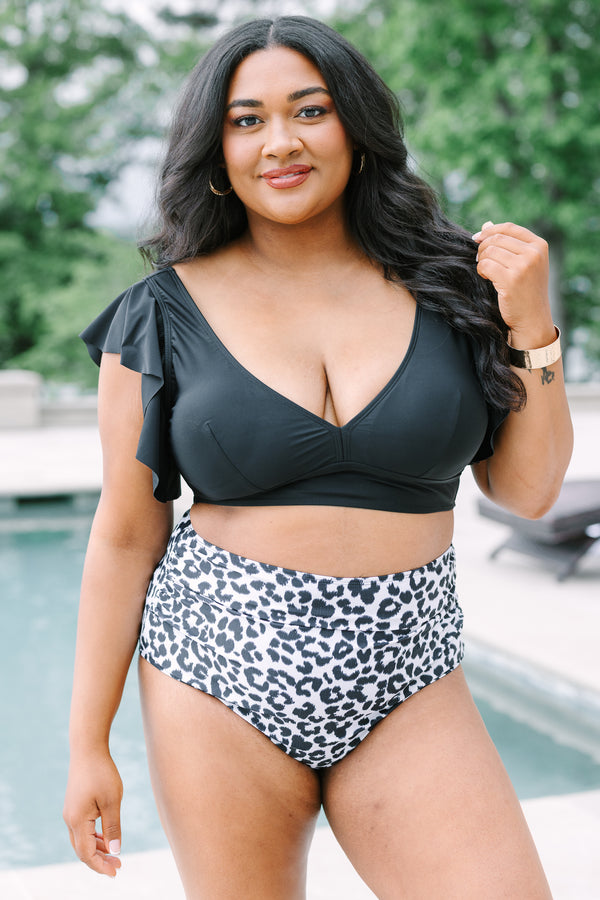 Plus Size black bikini top with a V-neckline and ruffled cap sleeves.