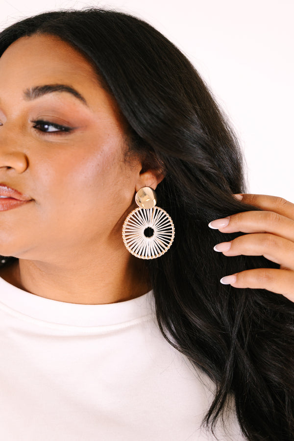 Chic Soul plus size clothing, gold statement earrings featuring a round stud top with a large circular drop design made of radiating white thread details, creating a sunburst pattern.