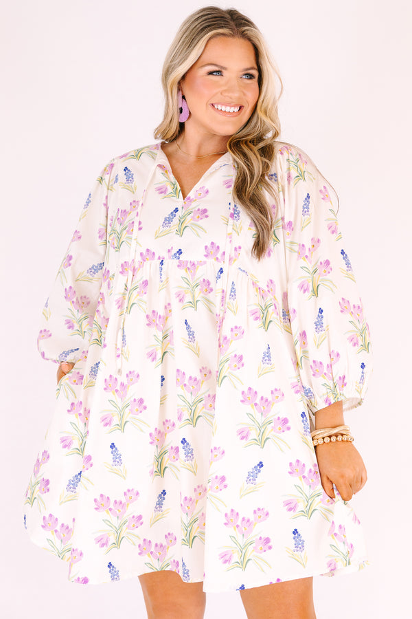 Chic soul plus size clothing, cream long puff sleeve mini baby doll dress with light purple and blue flowers on it